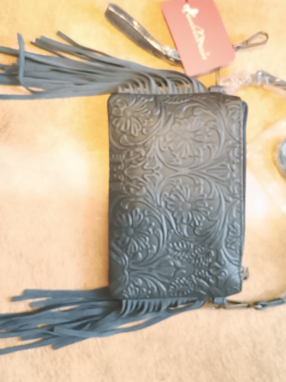 Montana West Black Embossed Floral Fringe Crossbody Bag